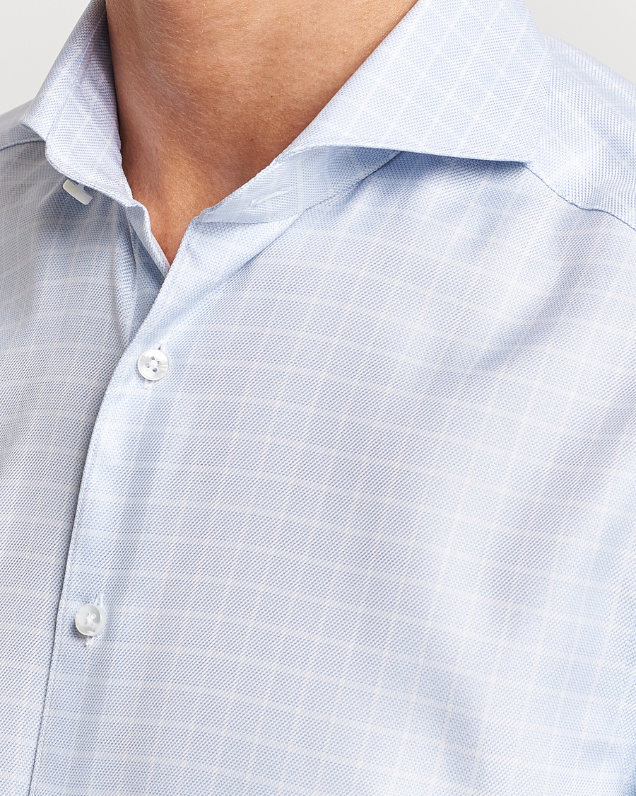 Homme | Chemises | Stenströms | Slimline Small Checked Cut Away Shirt Light Blue