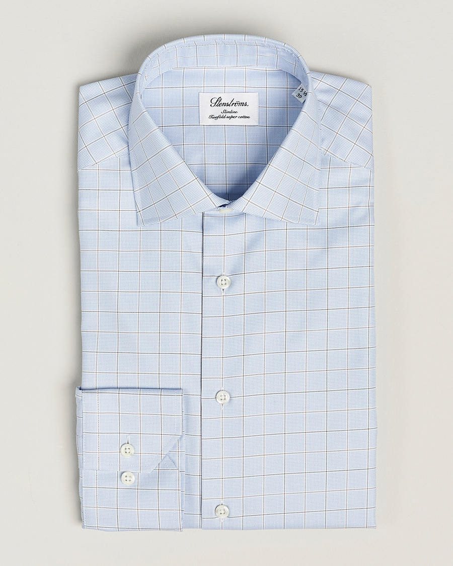 Homme | Chemises | Stenströms | Slimline Houndstooth Checked Cut Away Shirt Blue