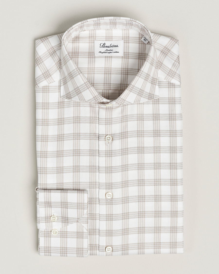 Homme | Chemises | Stenströms | Slimline Checked Cut Away Shirt White/Brown