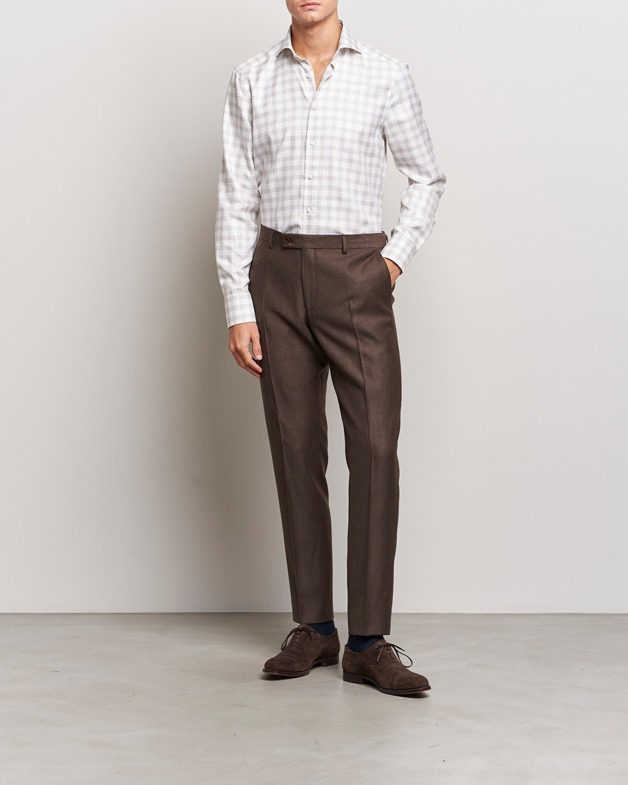Homme | Chemises | Stenströms | Slimline Checked Cut Away Shirt White/Brown