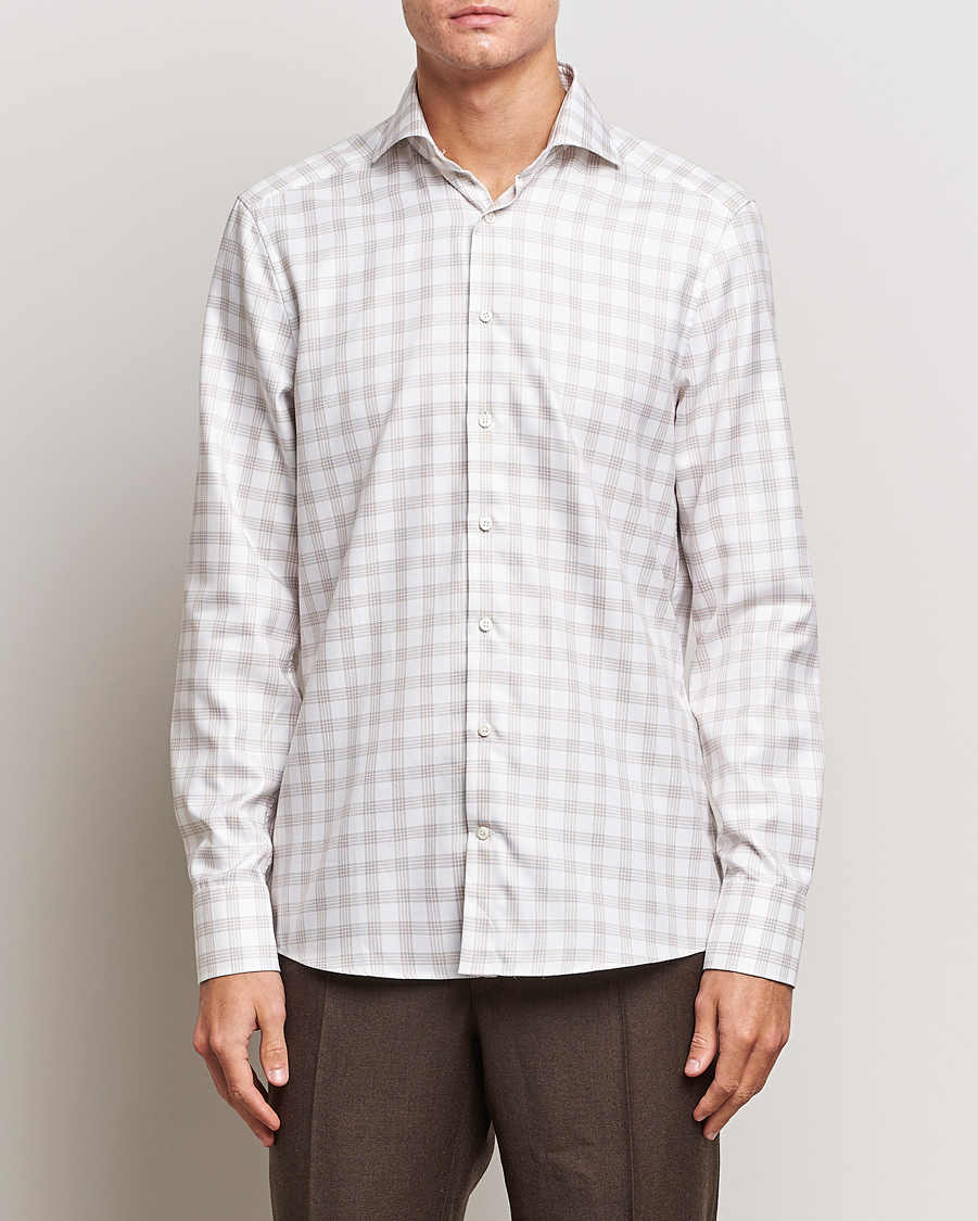 Homme | Chemises | Stenströms | Slimline Checked Cut Away Shirt White/Brown