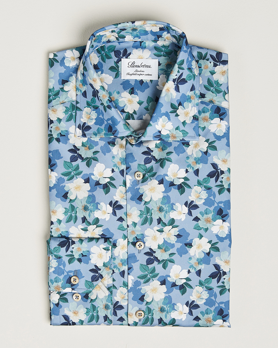 Homme | Chemises | Stenströms | Slimline Printed Flower Cut Away Shirt Blue