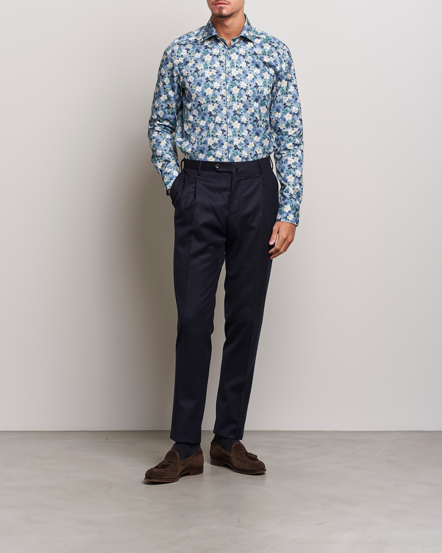 Homme | Chemises | Stenströms | Slimline Printed Flower Cut Away Shirt Blue