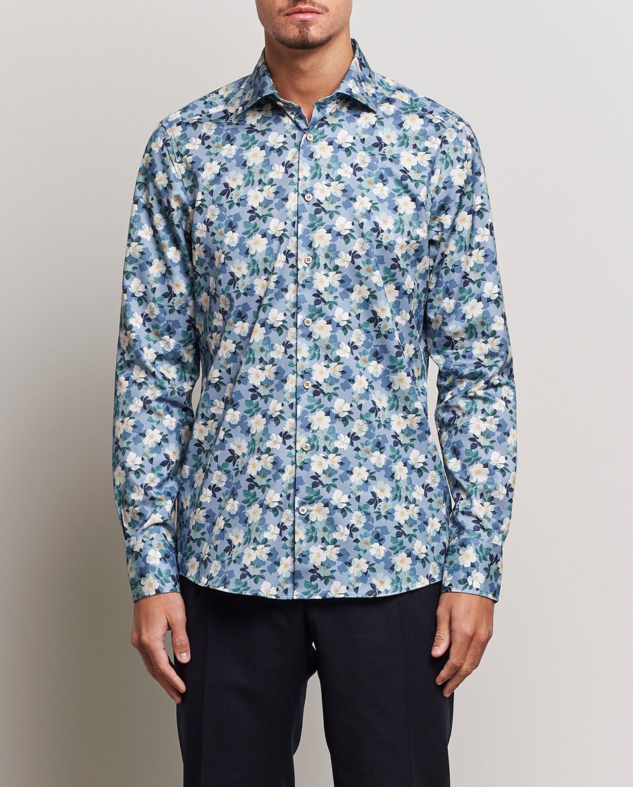 Homme | Chemises | Stenströms | Slimline Printed Flower Cut Away Shirt Blue