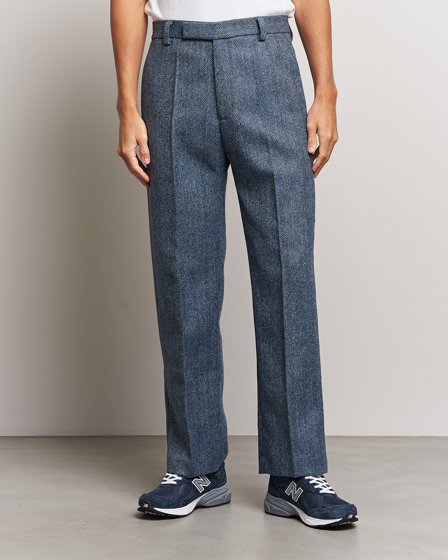 Homme | Pantalons Habillés | Palmes | Pleated Wool Trousers Navy Herringbone