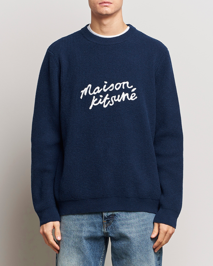 Homme | Pulls Et Tricots | Maison Kitsuné | Handwriting Wool Crew Neck Sweater Ink Blue