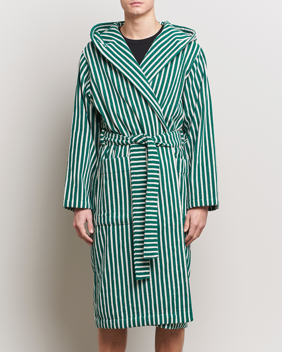 Homme | Peignoirs Et Pyjamas | Tekla | Organic Terry Hooded Bathrobe Teal Green Stripes