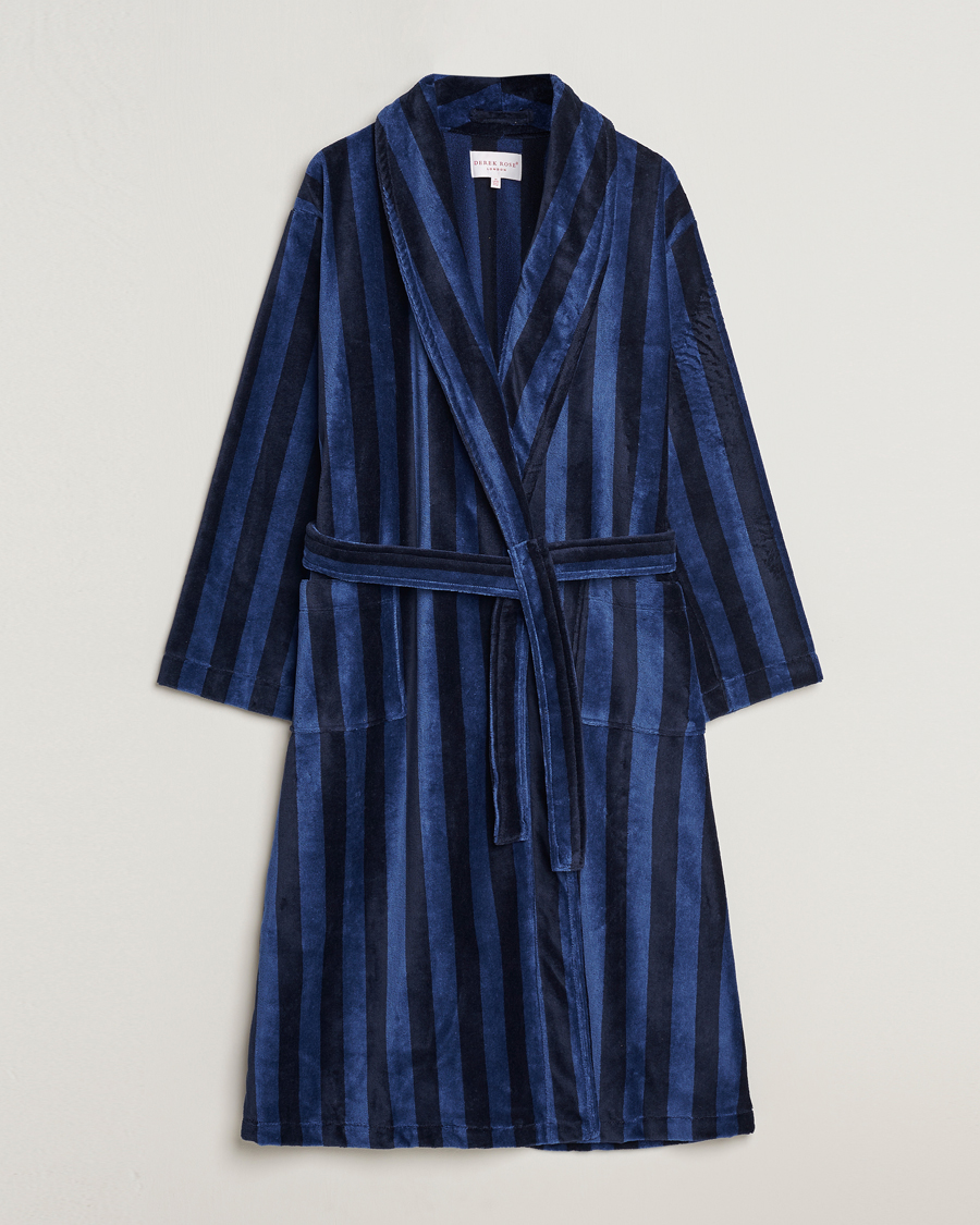 Homme | Peignoirs Et Pyjamas | Derek Rose | Striped Cotton Velour Gown Navy
