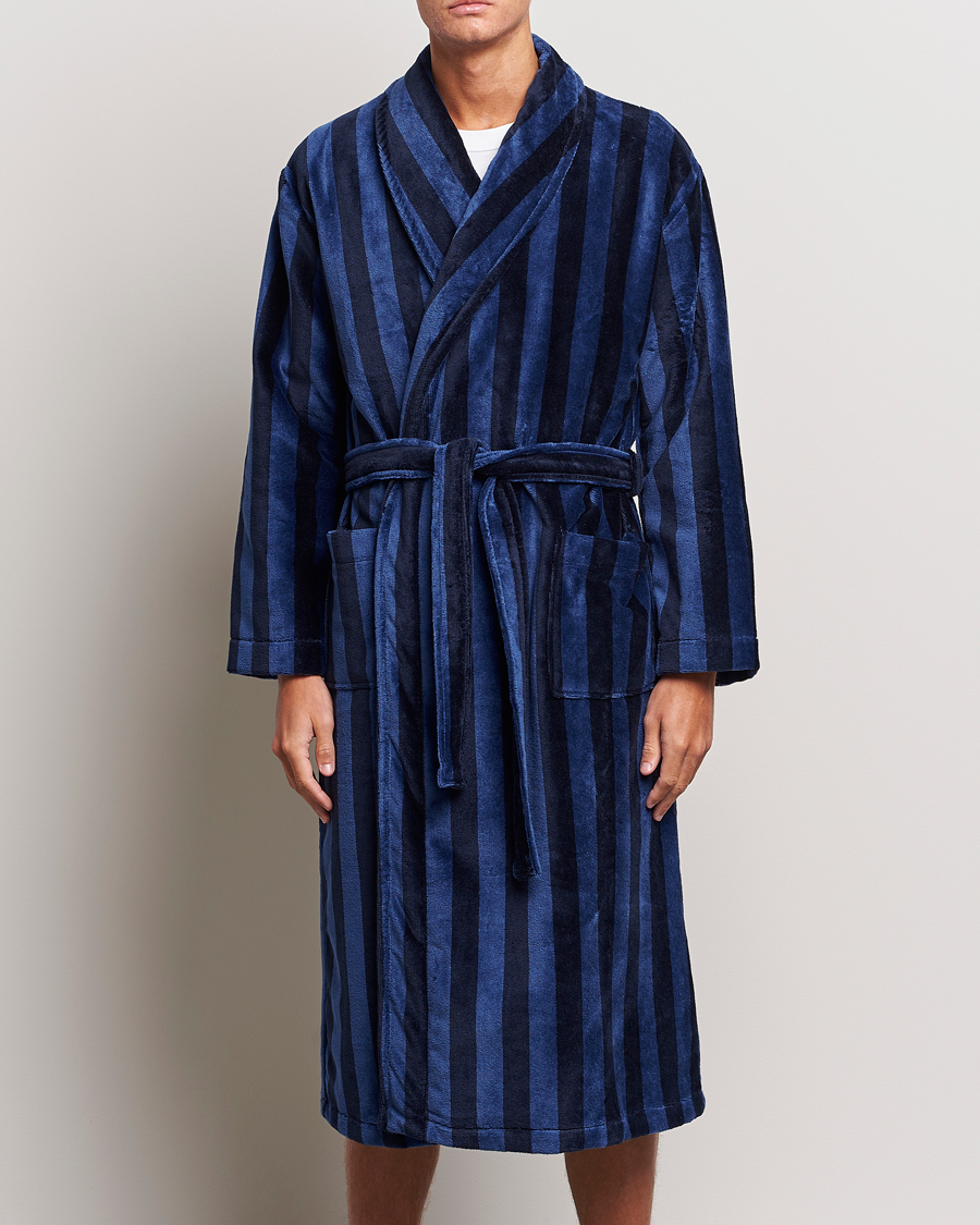 Homme |  | Derek Rose | Cotton Velour Striped Gown Navy/Blue