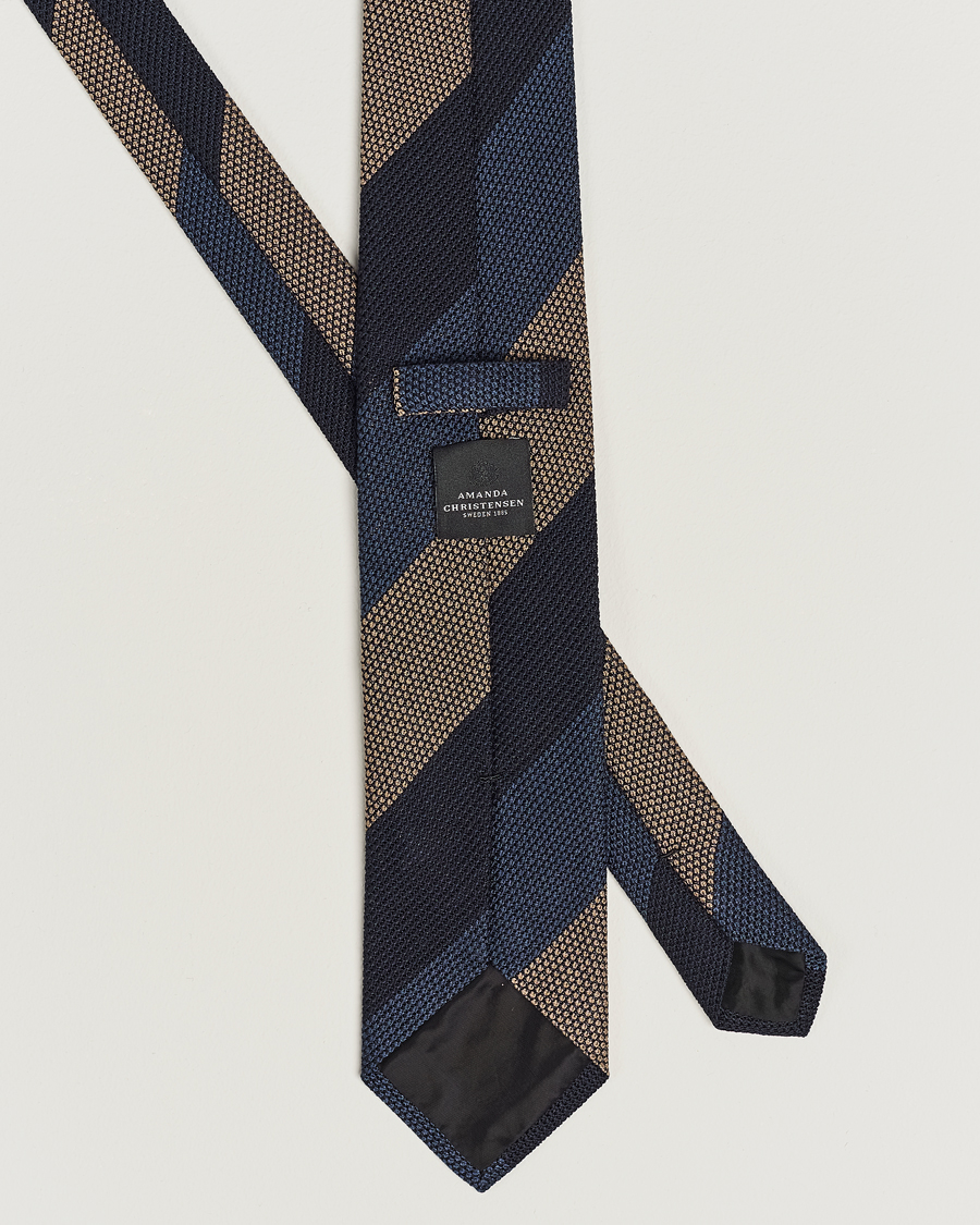 Homme | Amanda Christensen Silk Grenadine 8cm Block Striped Tie Navy/Blue/Beige | Amanda Christensen | Silk Grenadine 8cm Block Striped Tie Navy/Blue/Beige