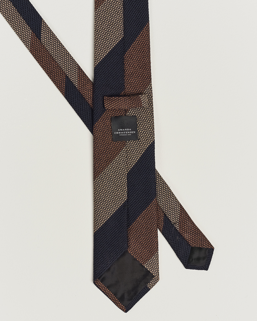Homme | Amanda Christensen Silk Grenadine 8cm Block Striped Tie Brown/Navy/Beige | Amanda Christensen | Silk Grenadine 8cm Block Striped Tie Brown/Navy/Beige