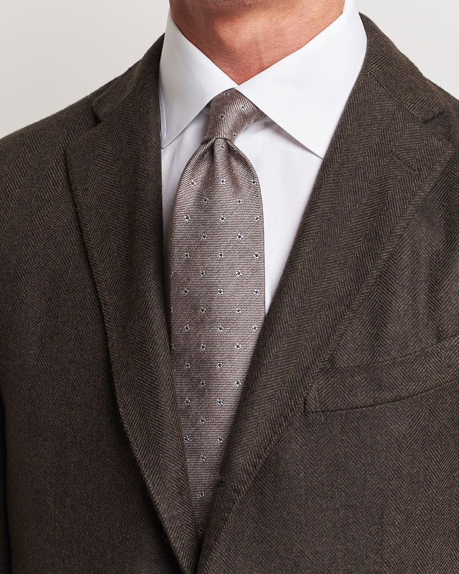Homme |  | Amanda Christensen | Silk/Wool 8cm Printed Flower Tie Beige Melange