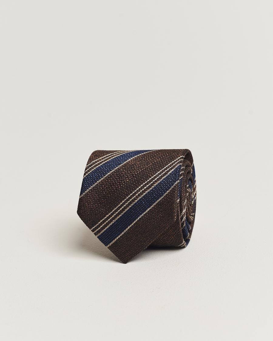 Homme | Amanda Christensen Cotton/Wool/Silk 8cm Regimental Stripe Tie Brown/Navy | Amanda Christensen | Cotton/Wool/Silk 8cm Regimental Stripe Tie Brown/Navy