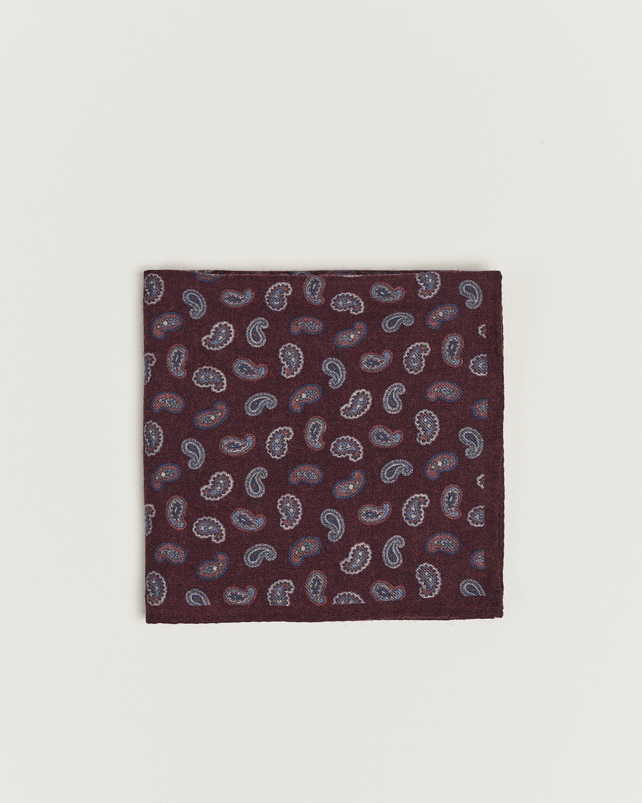 Homme | Amanda Christensen Wool Flannel Printed Paisley Pocket Square Wine | Amanda Christensen | Wool Flannel Printed Paisley Pocket Square Wine