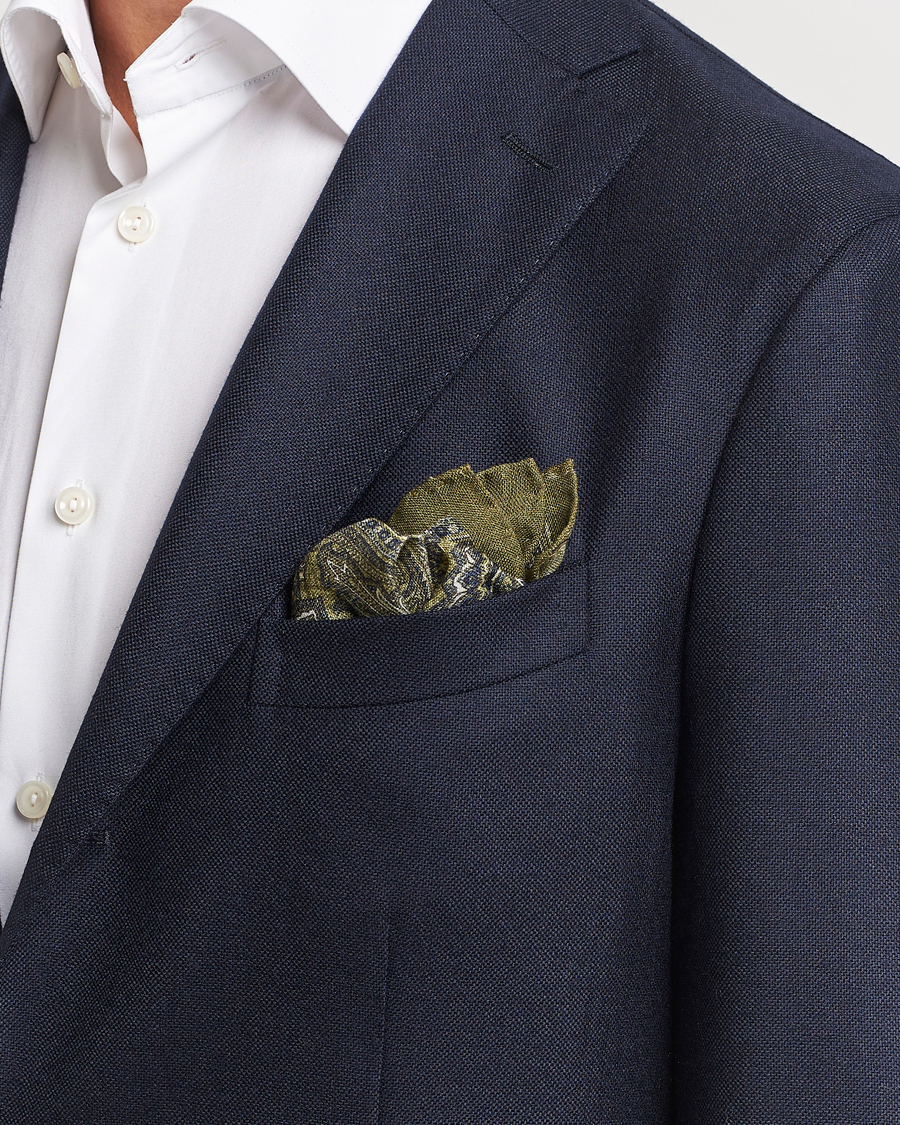 Homme |  | Amanda Christensen | Wool Printed Large Paisley Pocket Square Green Melange