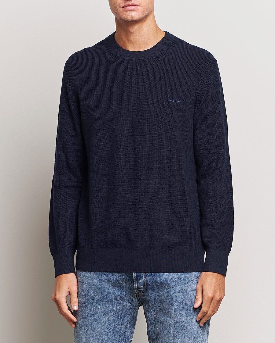 Homme | Pulls Et Tricots | GANT | Cotton/Wool Rib Knitted Crew Neck Evening Blue