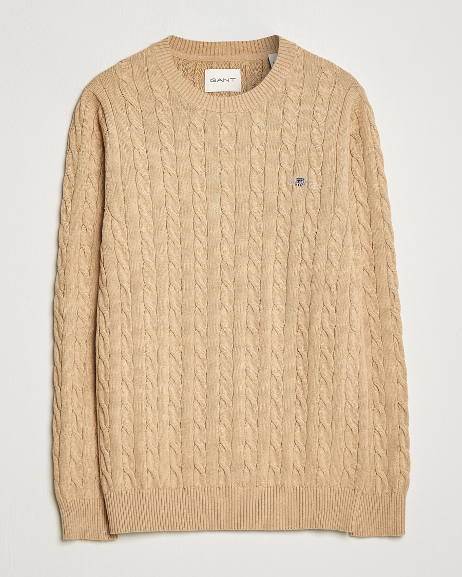 Homme | Pulls Et Tricots | GANT | Cotton Cable Crew Neck Pullover Khaki Melange