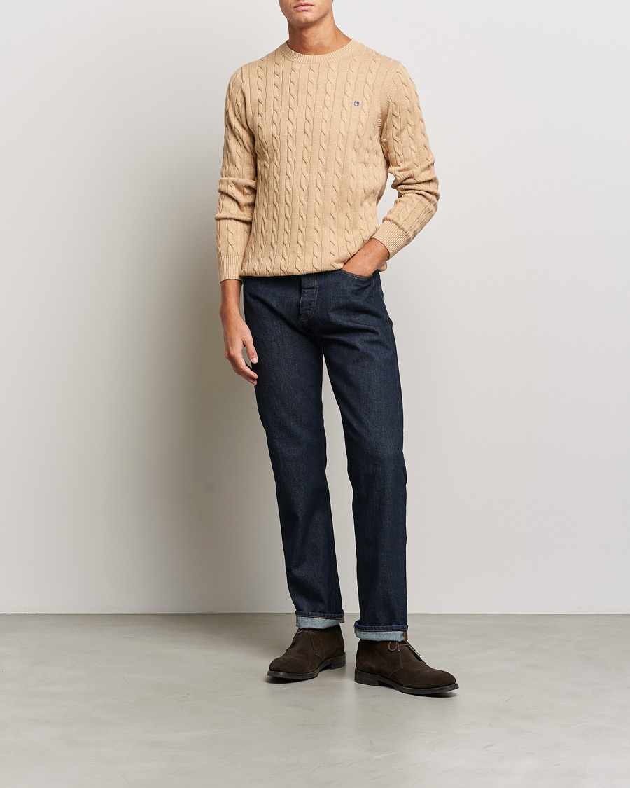 Homme | Pulls Et Tricots | GANT | Cotton Cable Crew Neck Pullover Khaki Melange