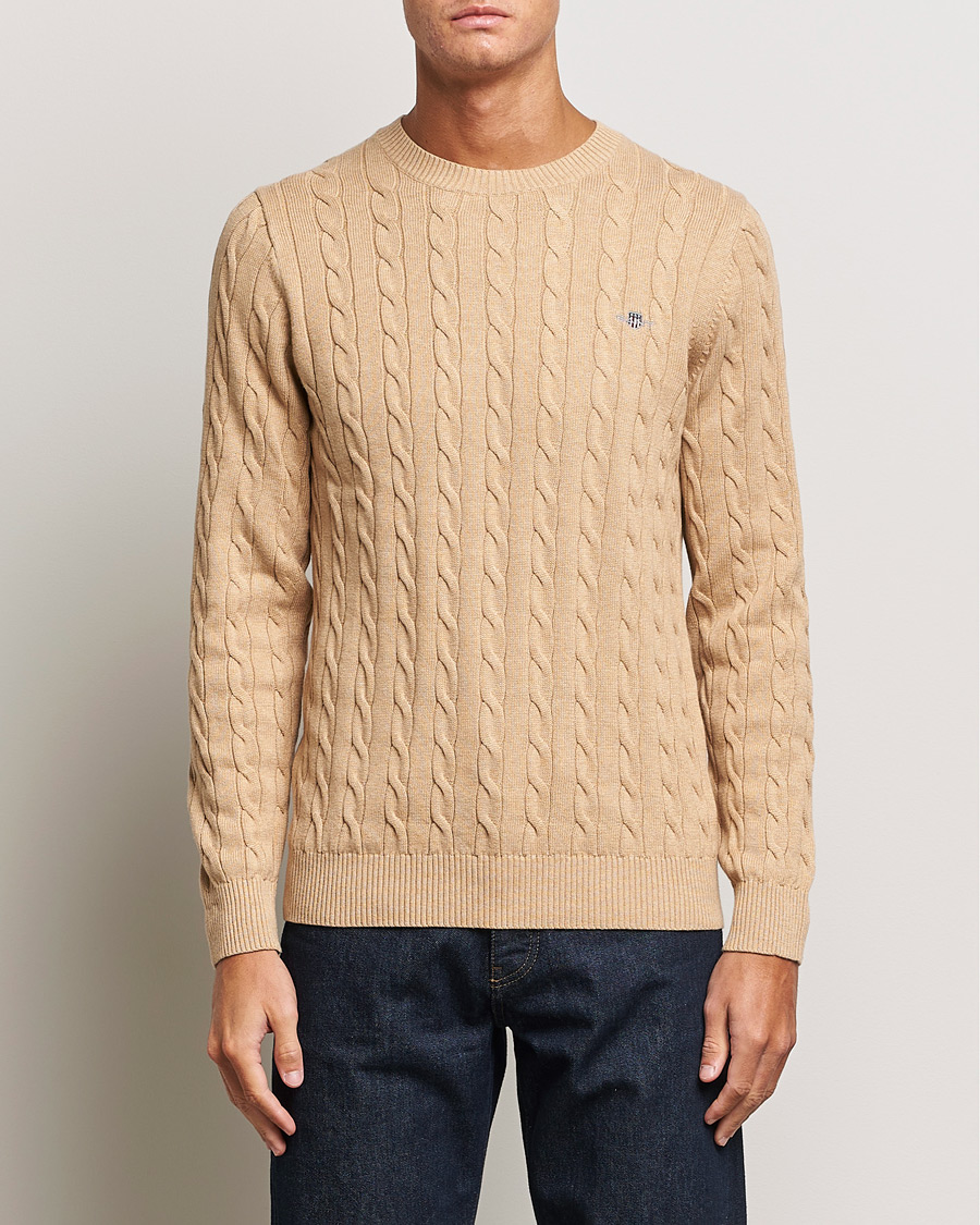 Homme | Pulls Et Tricots | GANT | Cotton Cable Crew Neck Pullover Khaki Melange