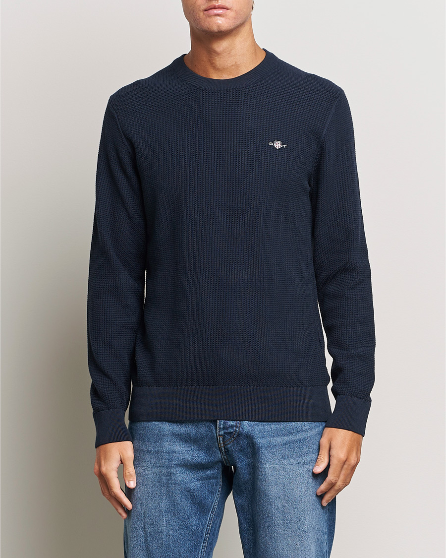 Homme | Pulls Et Tricots | GANT | Cotton Micro Textured Crew Neck Evening Blue