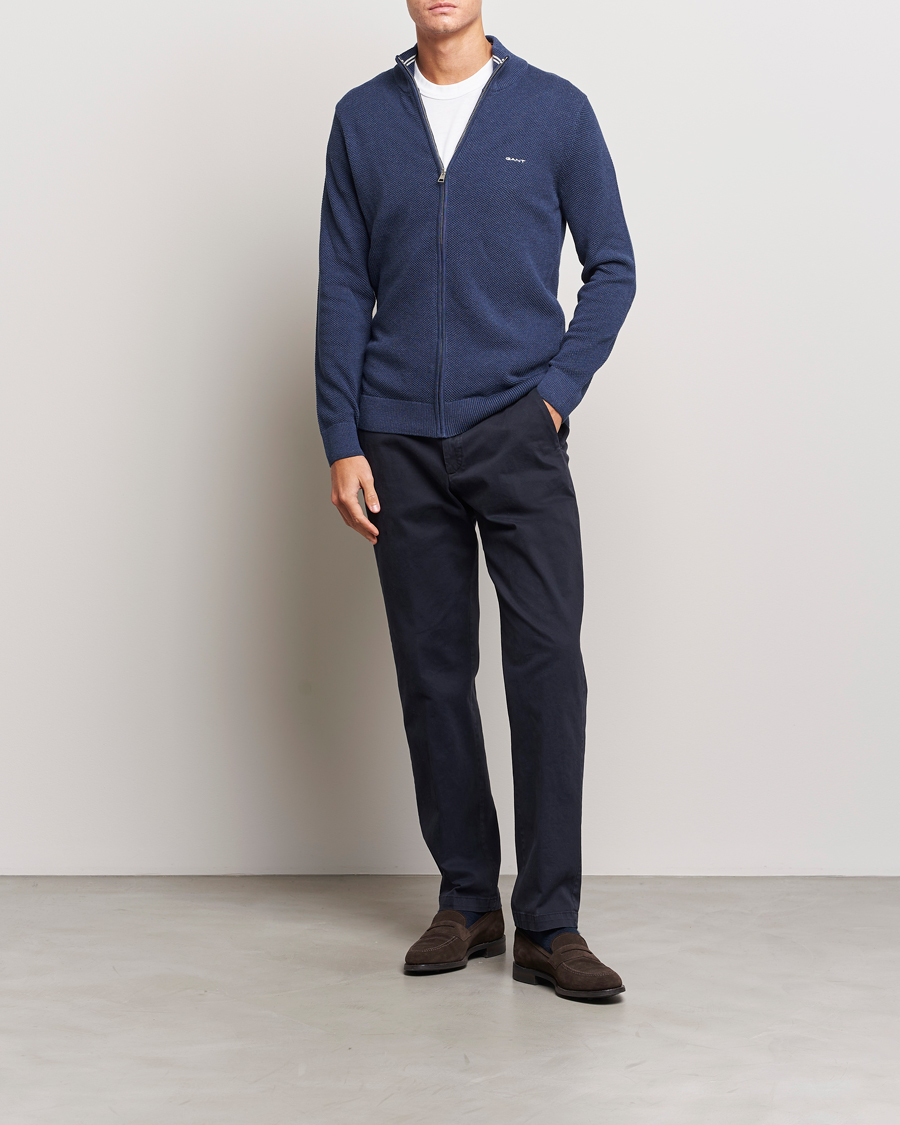 Homme | Pulls Et Tricots | GANT | Cotton Pique Full Zip Marine Melange