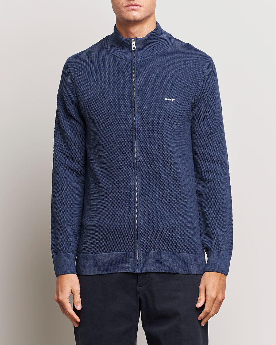 Homme | Pulls Et Tricots | GANT | Cotton Pique Full Zip Marine Melange