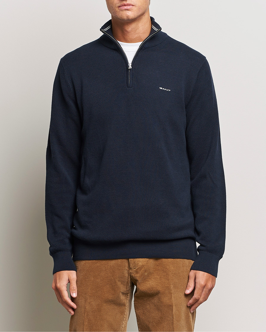 Men | Clothing | GANT | Cotton Pique Half-Zip Sweater Evening Blue