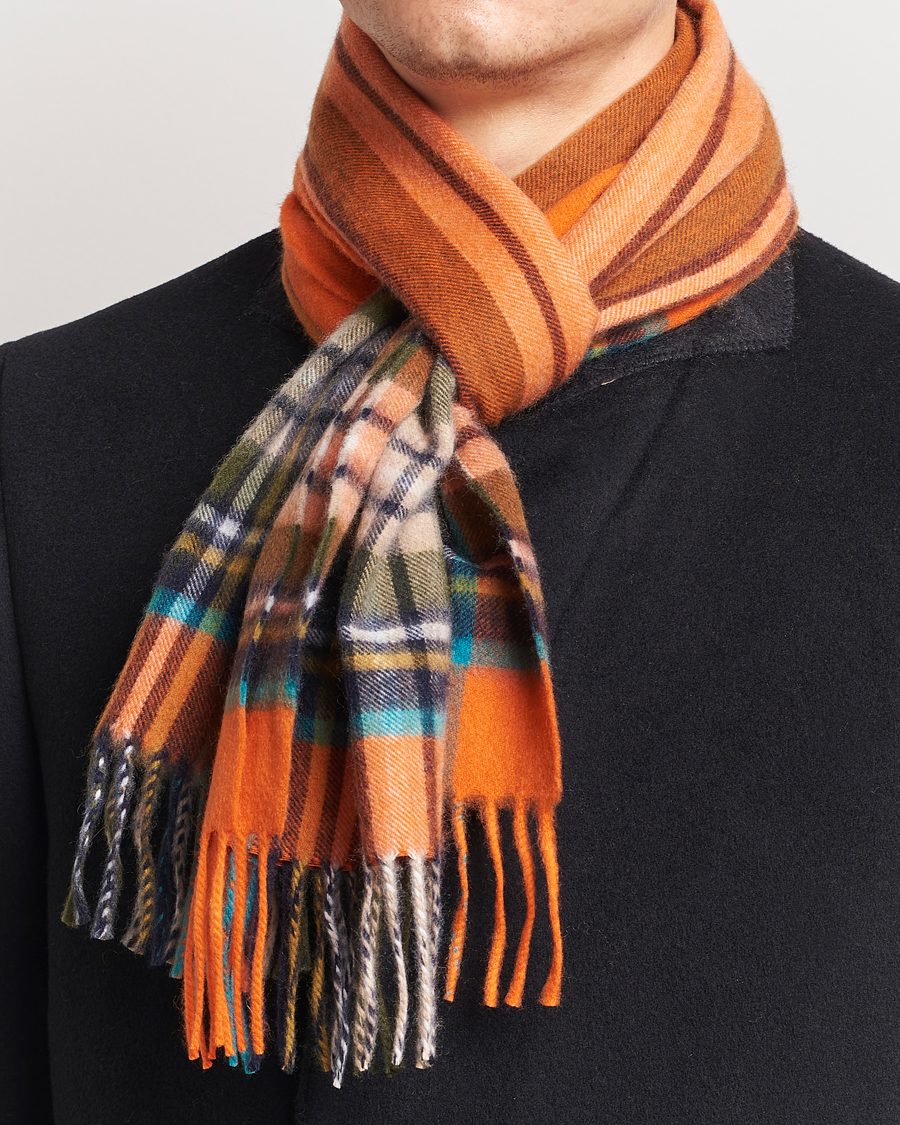 Homme |  | Begg & Co | Striped/Checked Cashmere Scarf 30*160cm Orange