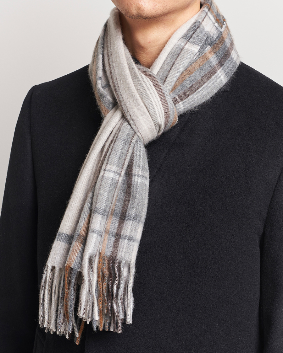 Homme |  | Begg & Co | Striped/Checked Cashmere Scarf 36*183cm Natural Grey
