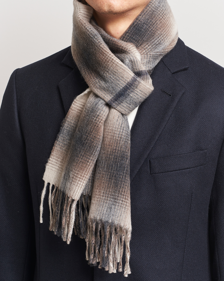 Homme |  | Begg & Co | Wool/Cashmere Shadow Check Scarf 32*180cm Natural Grey