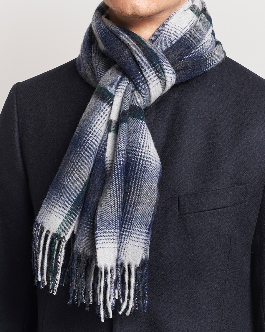 Homme |  | Begg & Co | Wool/Cashmere Shadow Check Scarf 32*180cm Silver/Navy
