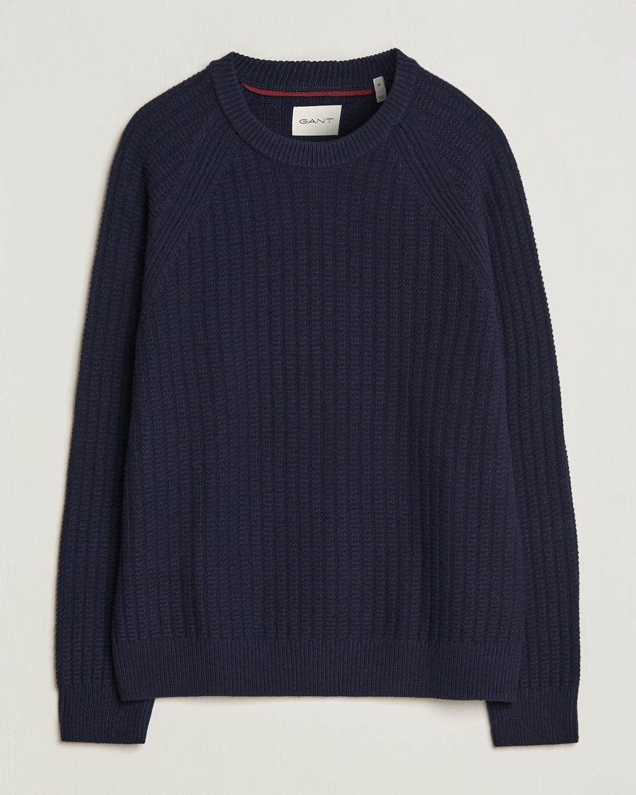 Homme | Pulls Et Tricots | GANT | Textured Raglan Knitted Crew Neck Evening Blue