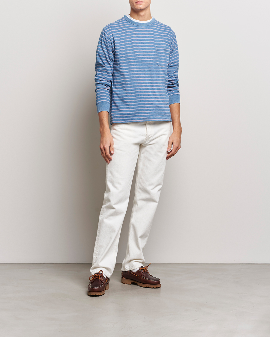 Homme | T-shirts | BEAMS PLUS | Indigo Stripe Long Sleeve T-Shirt Light Blue