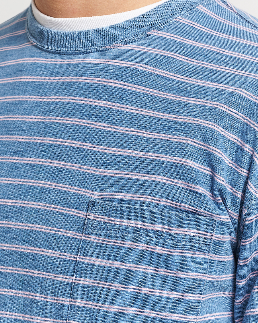 Homme | T-shirts | BEAMS PLUS | Indigo Stripe Long Sleeve T-Shirt Light Blue