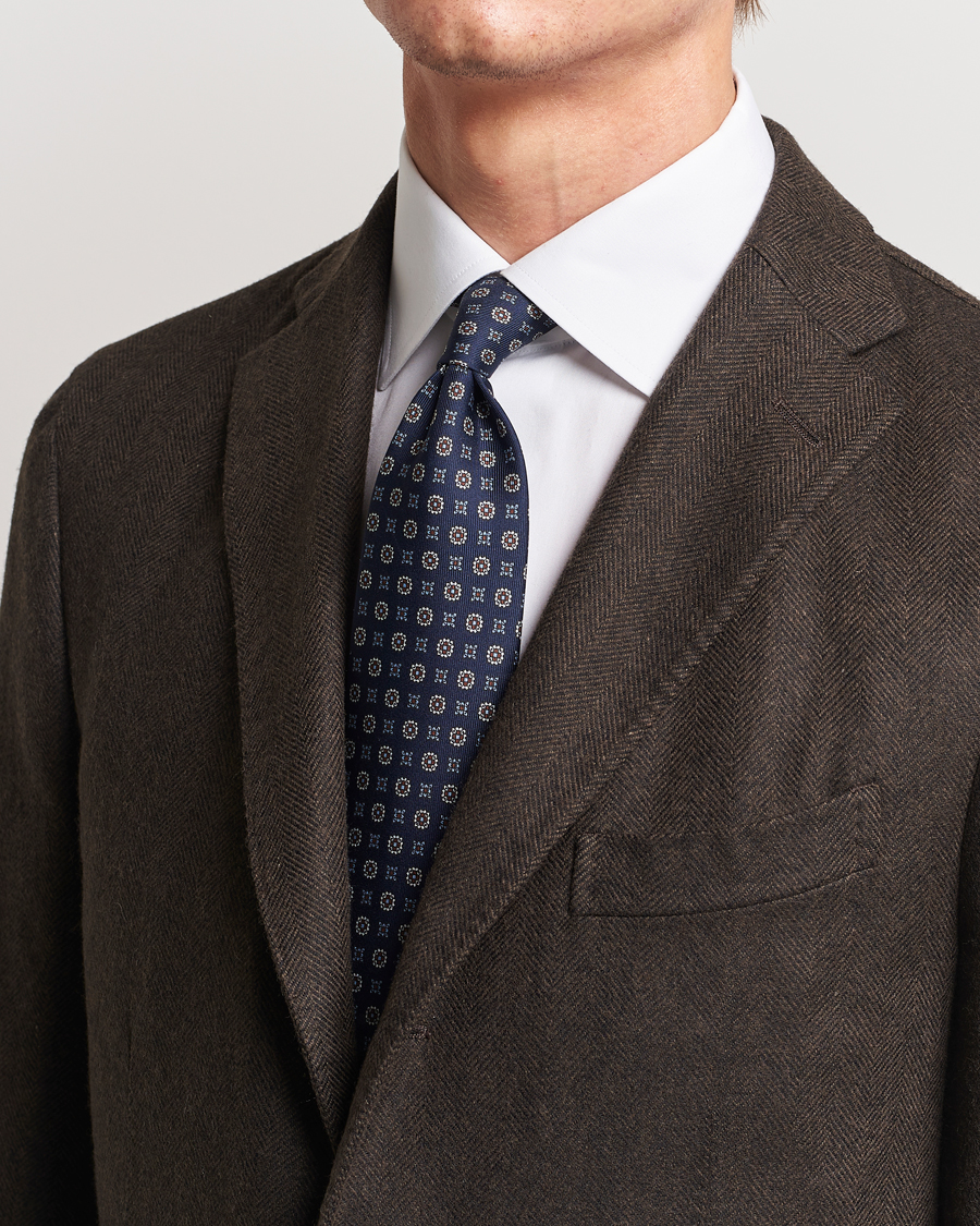 Homme | E. Marinella 3-Fold Printed Silk Tie Navy | E. Marinella | 3-Fold Printed Silk Tie Navy