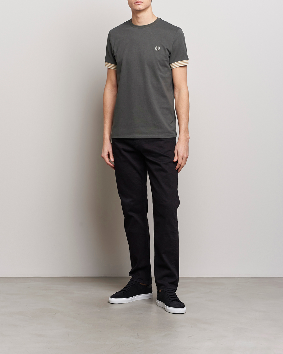 Homme | T-shirts | Fred Perry | Striped Cuff Crew Neck T-Shirt Field Green