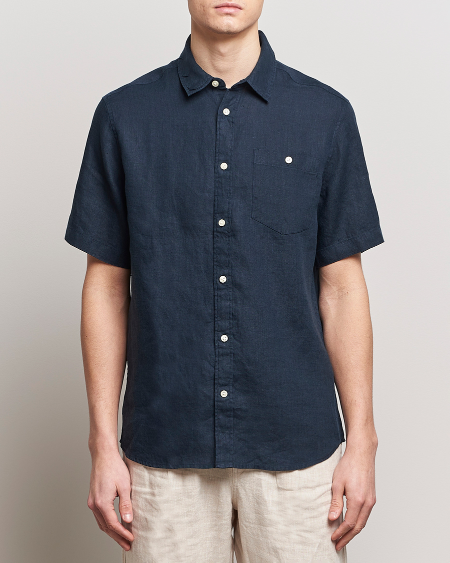 Homme | Chemises À Manches Courtes | KnowledgeCotton Apparel | Regular Short Sleeve Linen Shirt Total Eclipse