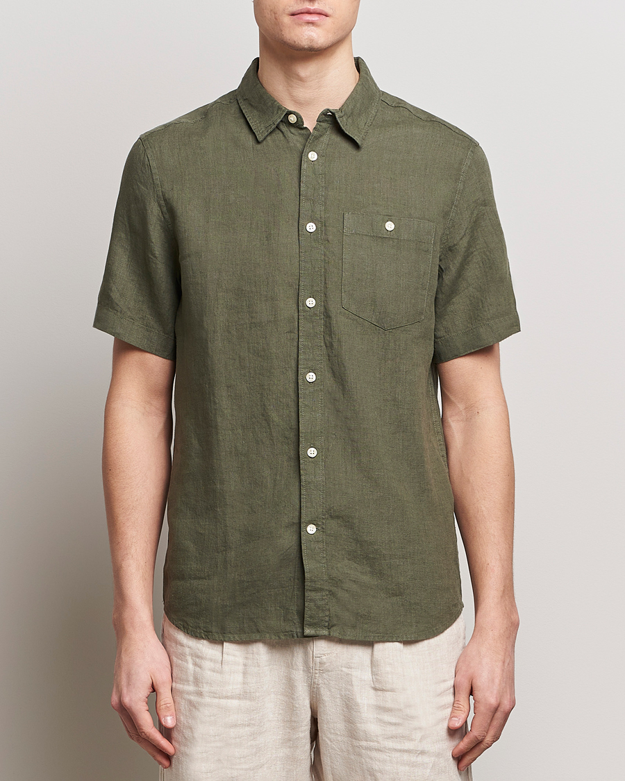 Homme |  | KnowledgeCotton Apparel | Regular Short Sleeve Linen Shirt Burned Olive