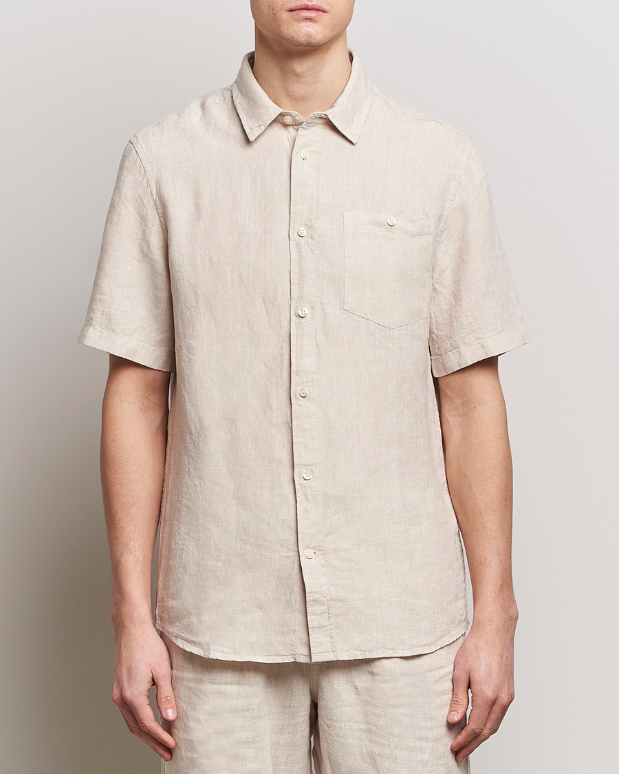 Homme | Vêtements | KnowledgeCotton Apparel | Regular Short Sleeve Linen Shirt Yarndyed Beige