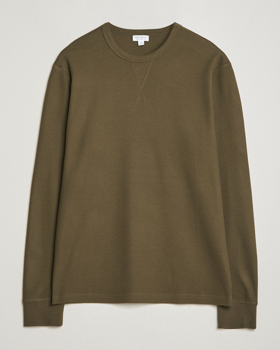 Homme | T-shirts | Sunspel | Long Sleeve Waffle T-Shirt Dark Olive