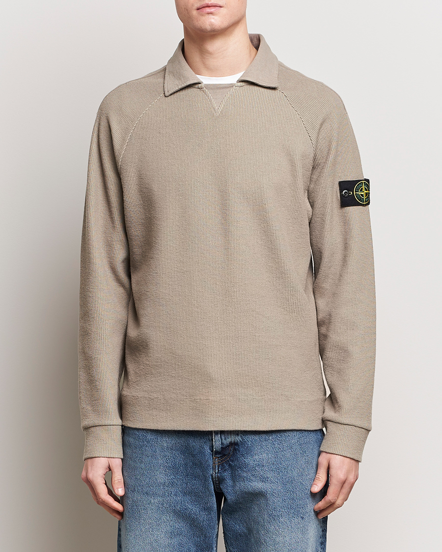 Homme | Pulls Et Tricots | Stone Island | Cotton Nylon Ribbed Fleece Poloshirt Dove Grey