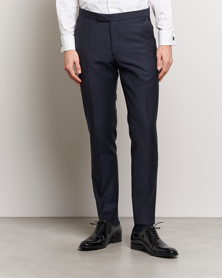 Homme | Business & Beyond | Oscar Jacobson | Denz Wool Tuxedo Trousers Navy