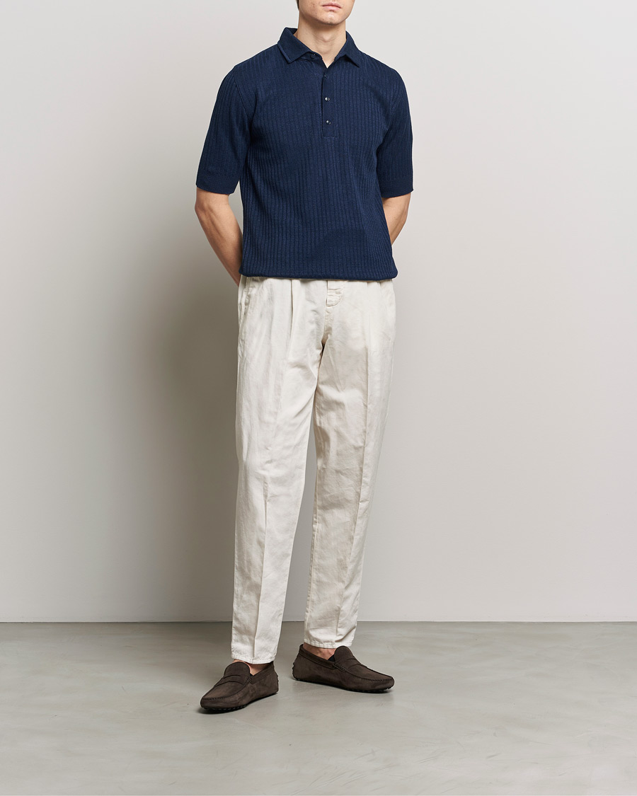 Homme | Polos | Lardini | Structured Linen/Cotton Polo Navy