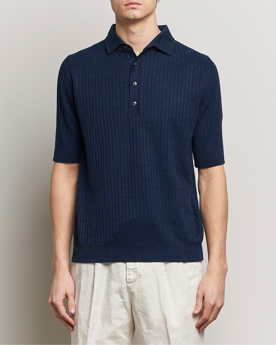 Homme | Polos | Lardini | Structured Linen/Cotton Polo Navy