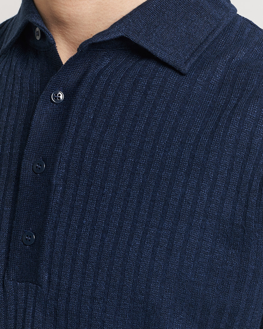 Homme | Polos | Lardini | Structured Linen/Cotton Polo Navy