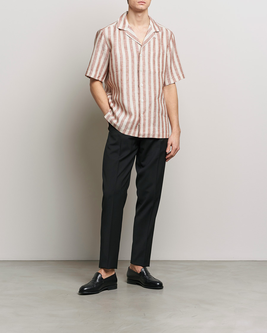 Homme | Chemises | Lardini | Striped Short Sleeve Linen Shirt Beige/Red