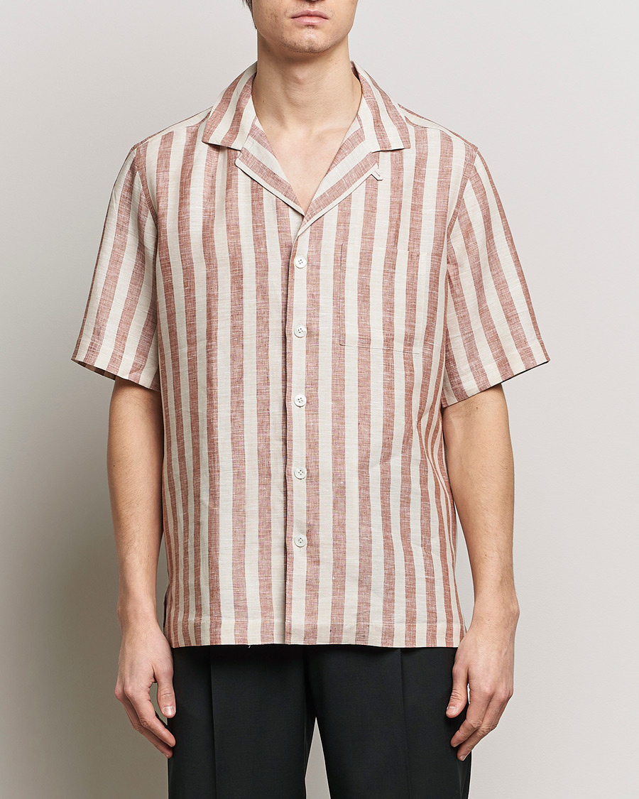 Homme | Lardini | Lardini | Striped Short Sleeve Linen Shirt Beige/Red