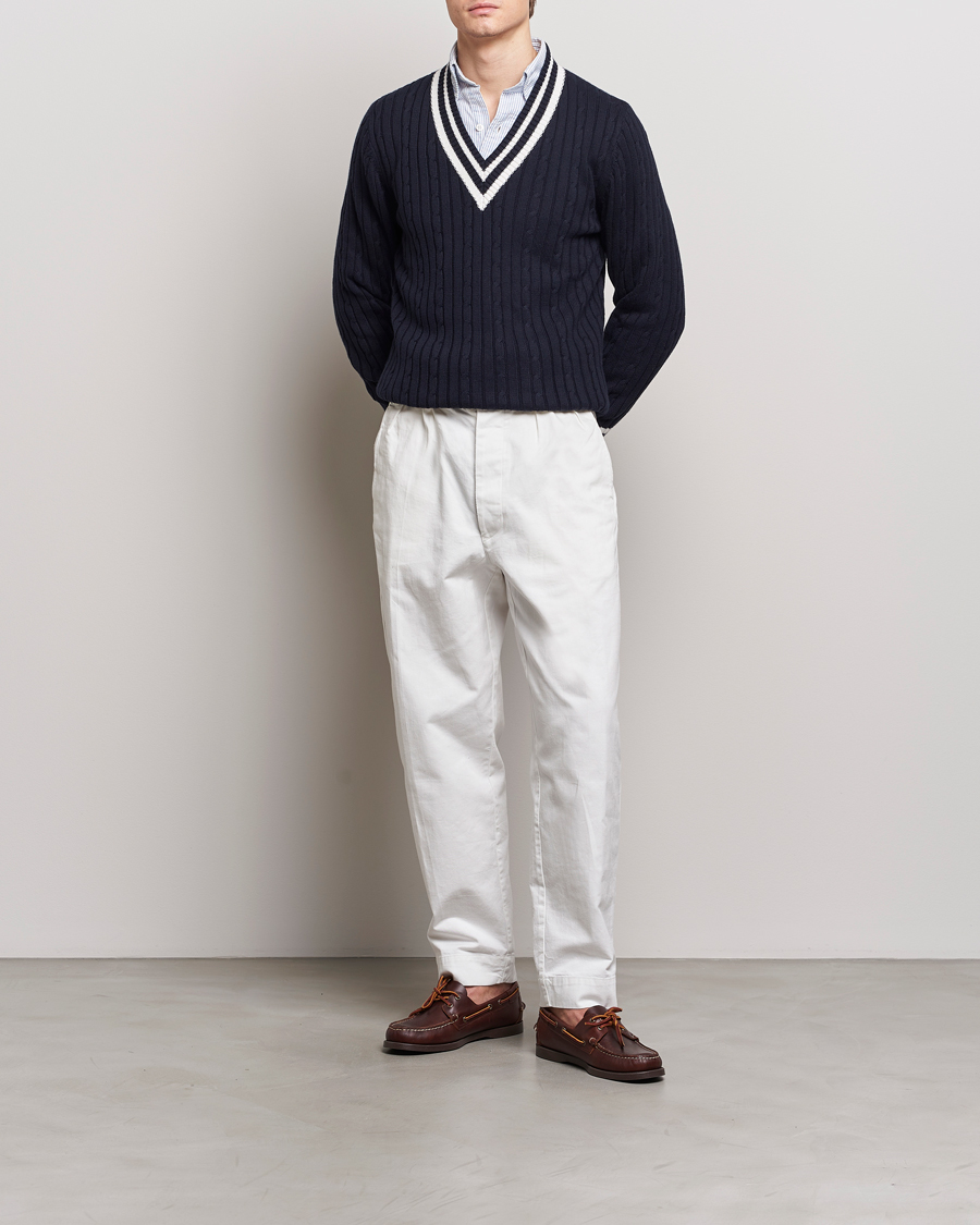 Homme | Pulls Et Tricots | Stenströms | Cotton/Cashmere Cable V-Neck Navy