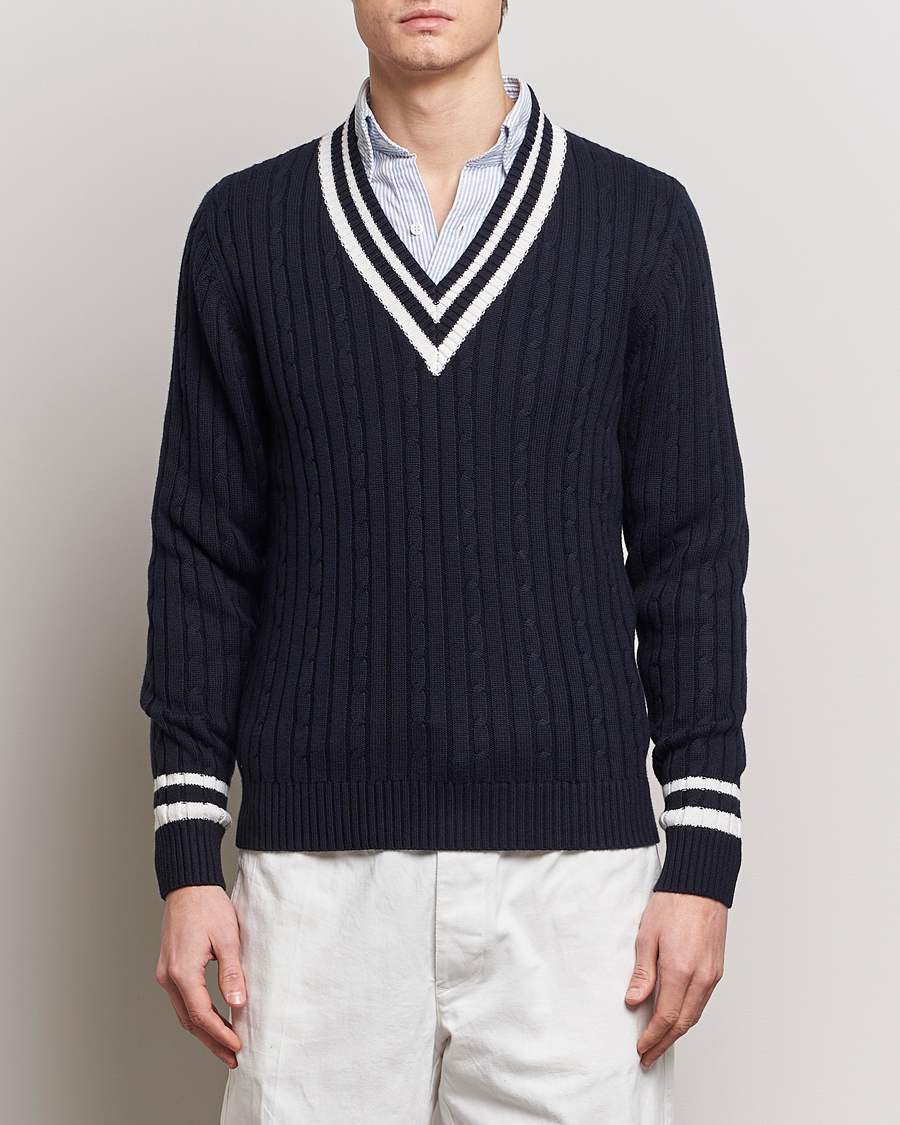 Homme | Pulls Et Tricots | Stenströms | Cotton/Cashmere Cable V-Neck Navy
