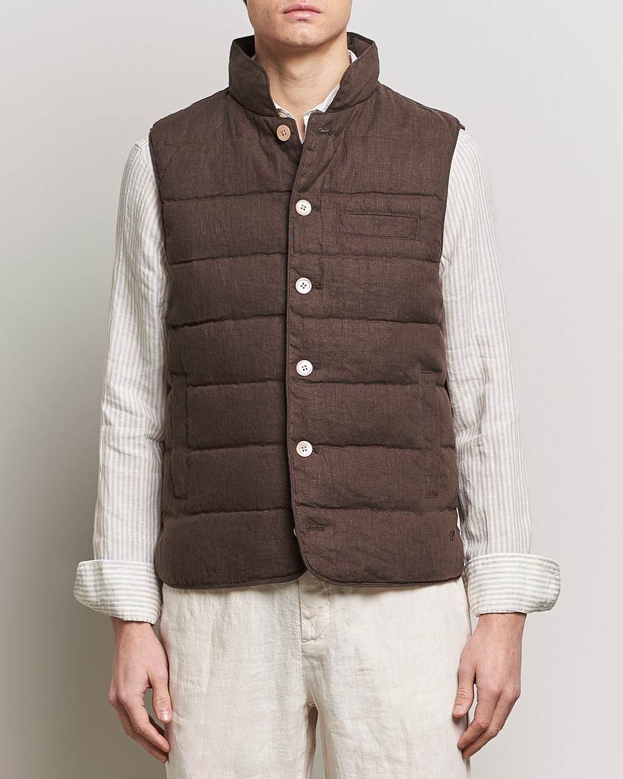 Homme | Manteaux Et Vestes | Stenströms | Linen Down Padded Button Vest Brown